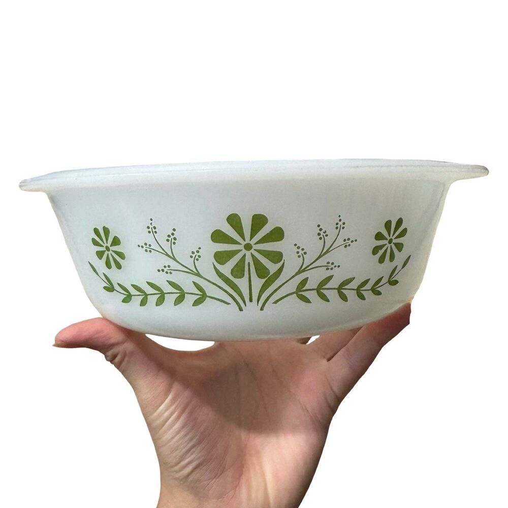 VTG Mid Century GLASBAKE GREEN DAISY 1.5 Quart Casserole Dish J-2600